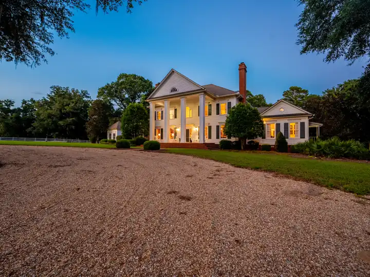Antebellum home lit at blue hour