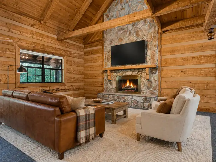 Log cabin great room with a stone fireplace